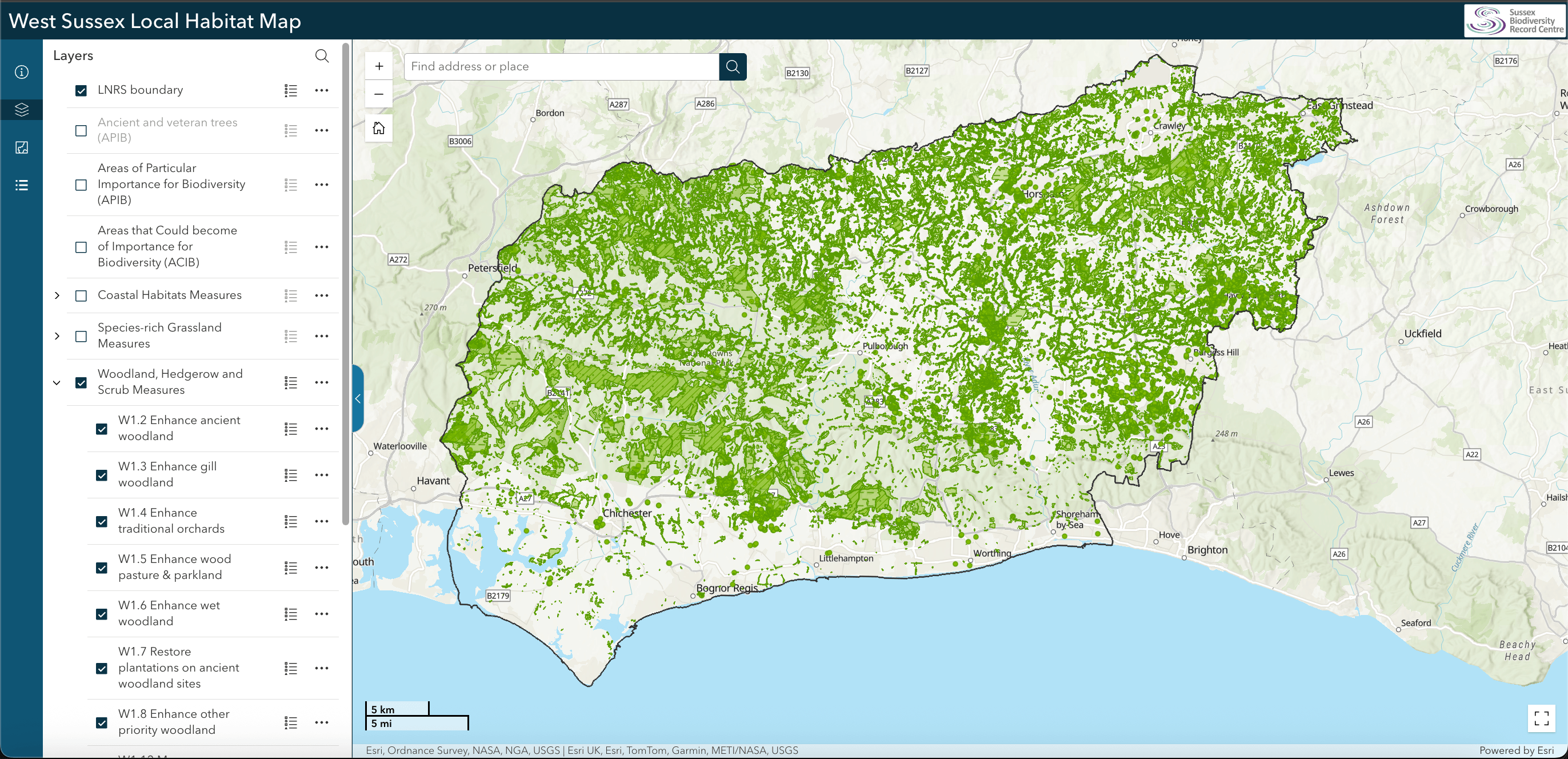 An image showing what the Woodland, Hedgerow and Scrub Measures layer looks like when switched on