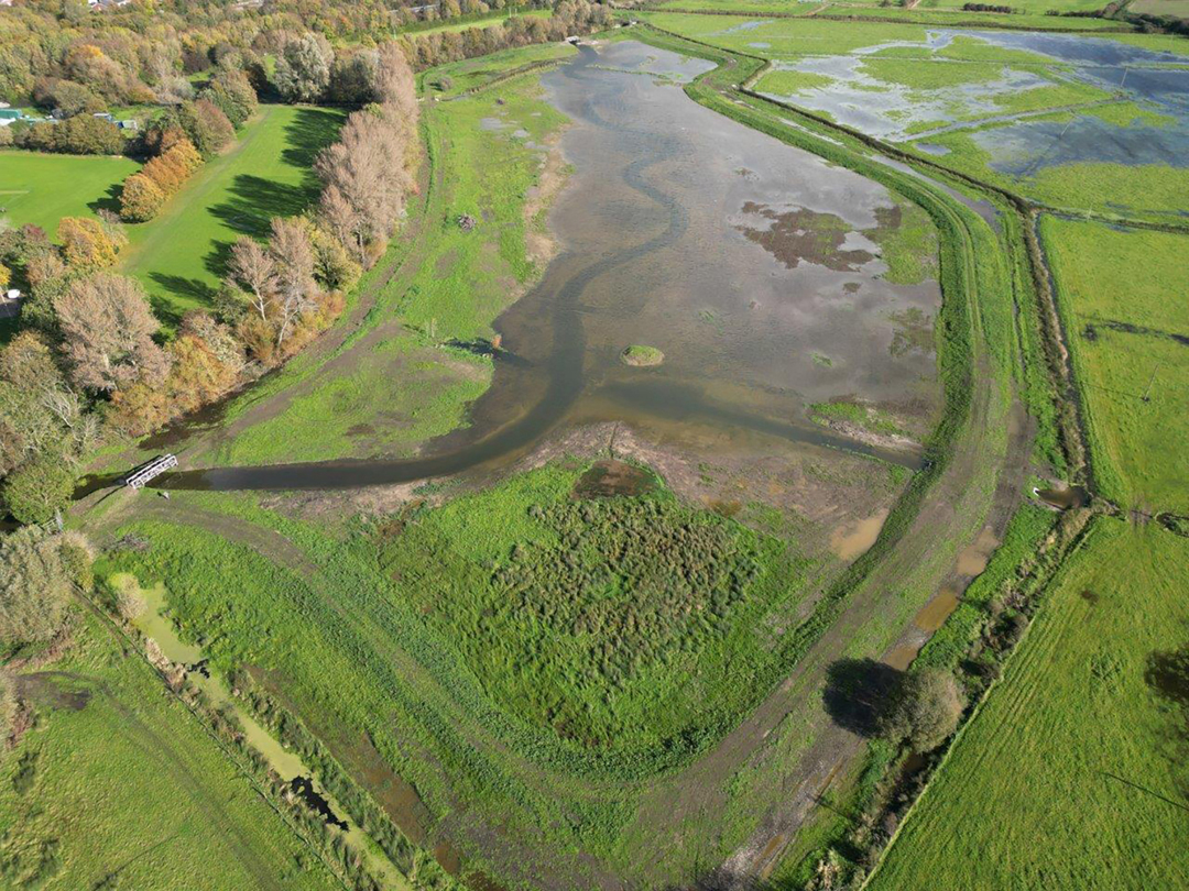 The Cockshut Stream Restoration Project has improved flood management and carbon storage at the site near Lewes, while also allowing the stream to flow naturally © Christopher Bibb.jpg Arial view of the Cockshut Stream showing the wiggles in the river